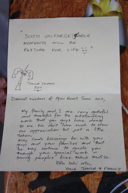 Thankyou note from the family of a patient in Tonga