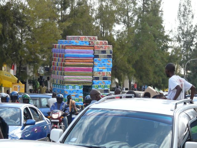 Interesting stack of mattresses on a truck in Rwanda